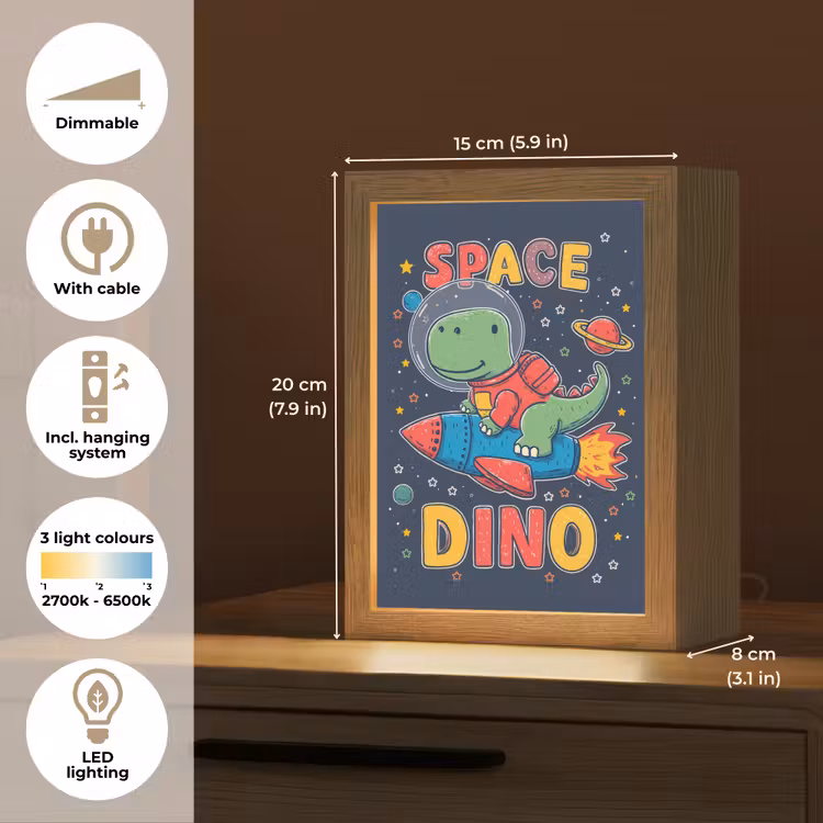 Dino - Raket - Kleurrijk Light Box met kabel (Kinderlampje) klein -USP_EN