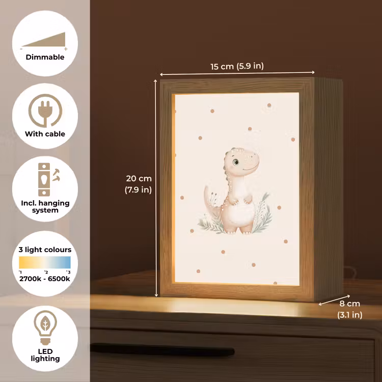 Dinosaurus - Bladeren - Pastel - Stippen Light Box met kabel (Kinderlampje) klein -USP_EN