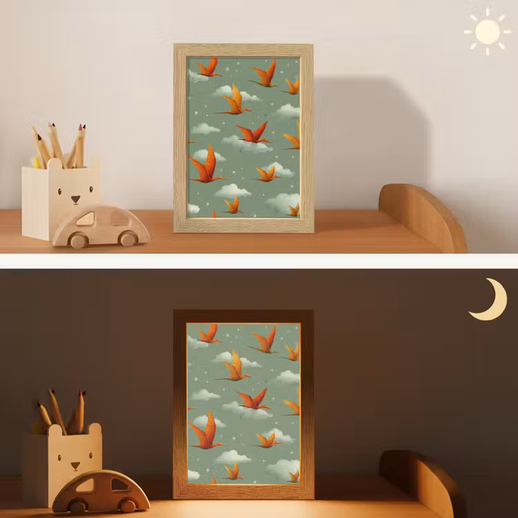 Dinosaurussen - Wolken - Sterren - Oranje Light Box met kabel klein -sfeer3_kind