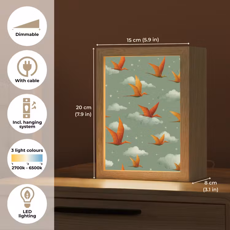 Dinosaurussen - Wolken - Sterren - Oranje Light Box met kabel (Kinderlampje) klein -USP_EN