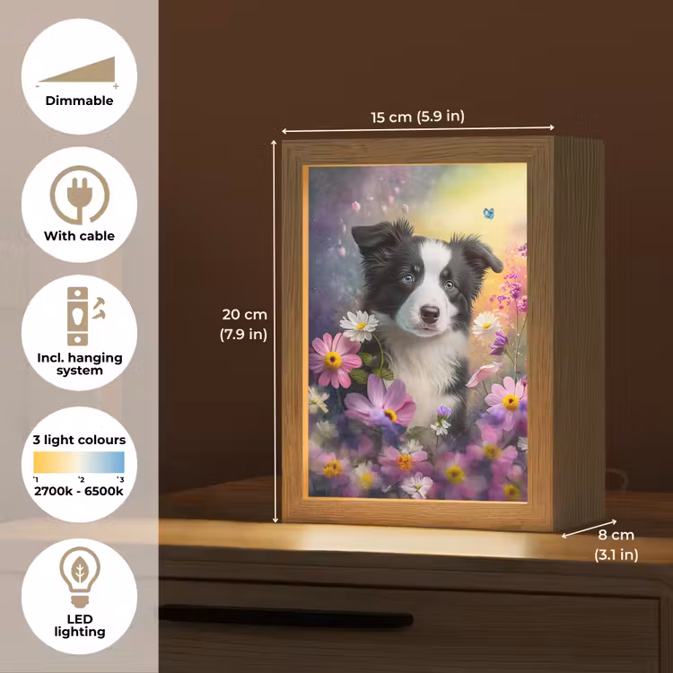 Hond - Bloemen - Natuur - Puppy - Bordercollie Light Box met kabel (Kinderlampje) klein -USP_EN