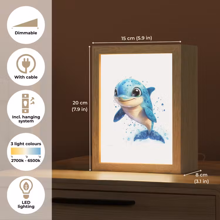 Dolfijn - Blauw - Water - Druppels Light Box met kabel (Kinderlampje) klein -USP_EN