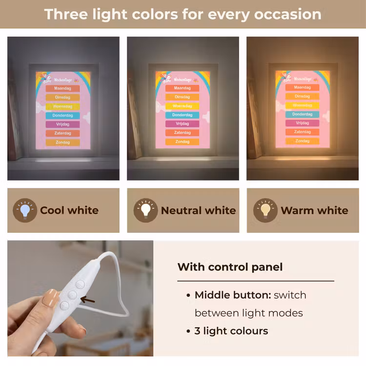 Educatief - Dagen van de week - Eenhoorn - Leren - Meisjes Light Box met kabel (Kinderlampje) klein -USP_lichtkleurEN