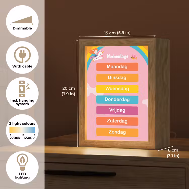Educatief - Dagen van de week - Eenhoorn - Leren - Meisjes Light Box met kabel (Kinderlampje) klein -USP_EN