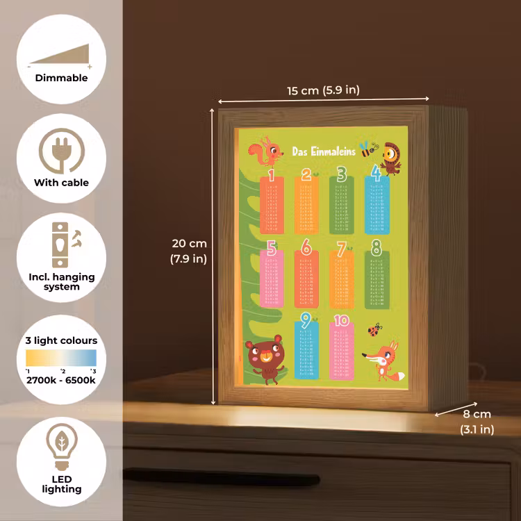 Educatief - Leren rekenen - Bosdieren - Vermenigvuldigingstabel Light Box met kabel (Kinderlampje) klein -USP_EN