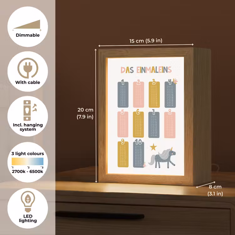 Educatief - Leren rekenen - Eenhoorn - Vermenigvuldigingstabel Light Box met kabel (Kinderlampje) klein -USP_EN