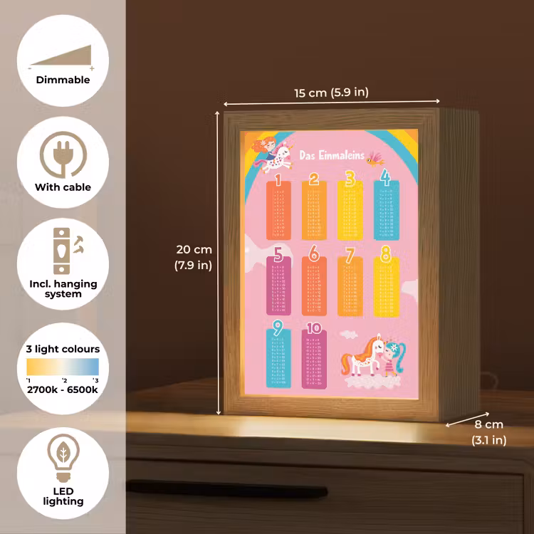 Educatief - Leren rekenen - Eenhoorn - Vermenigvuldigingstabel Light Box met kabel (Kinderlampje) klein -USP_EN