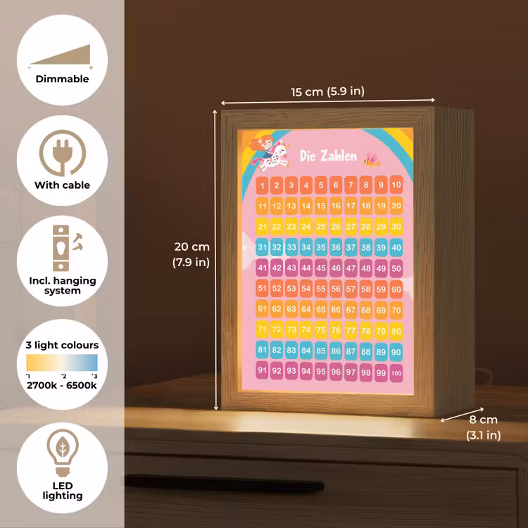 Educatief - Leren tellen - Regenboog - Eenhoorn - Getallen Light Box met kabel (Kinderlampje) klein -USP_EN