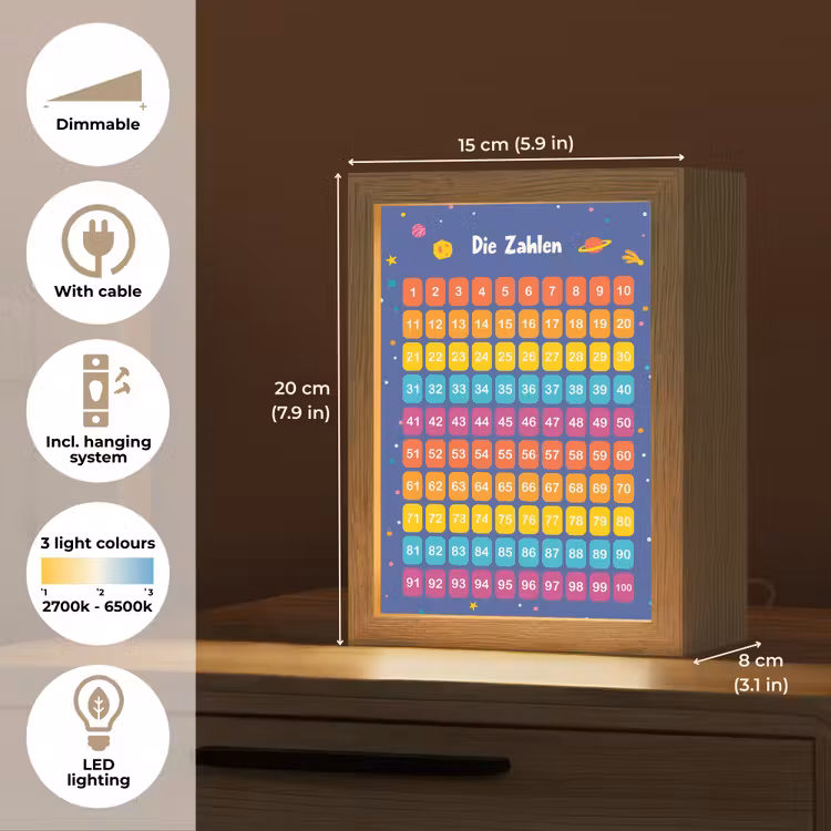 Educatief - Leren tellen - Ruimte - Getallen - Jongens Light Box met kabel (Kinderlampje) klein -USP_EN