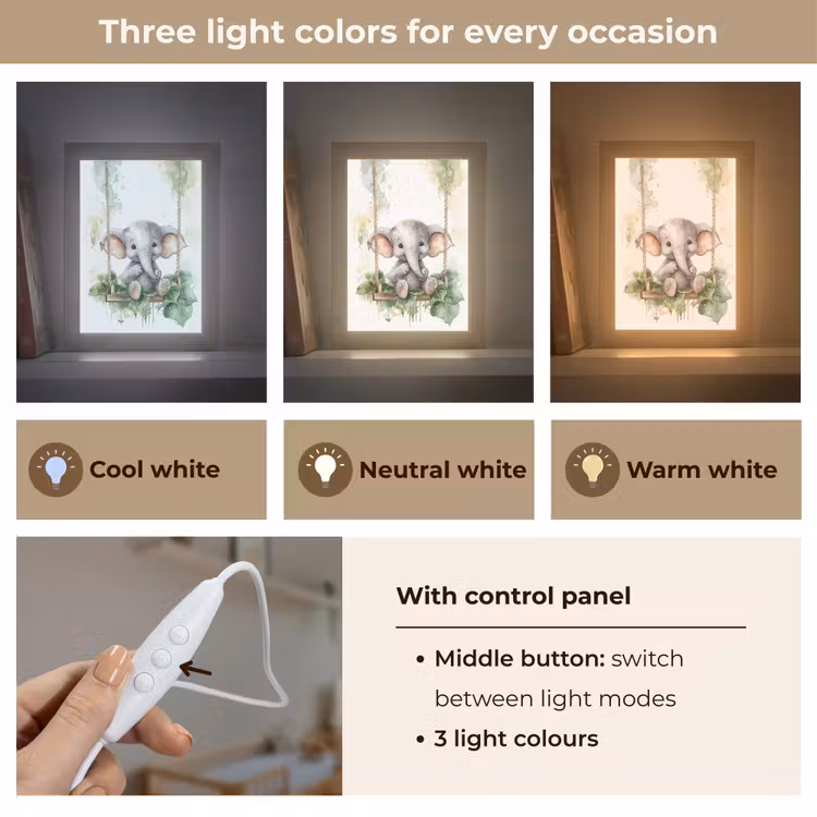 Olifant - Dier - Kinderen - Jungle Light Box met kabel (Kinderlampje) klein -USP_lichtkleurEN