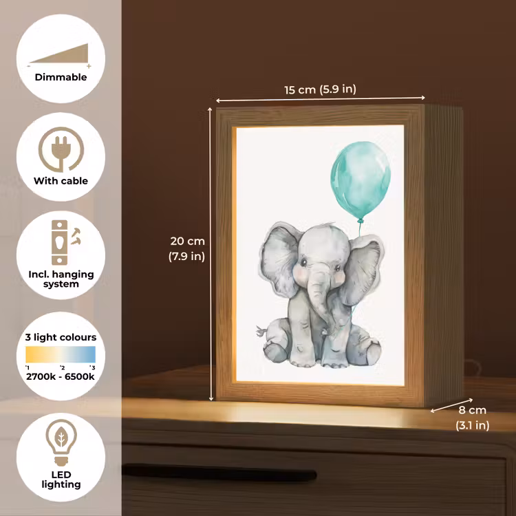 Olifant - Baby - Dieren - Blauwe ballon Light Box met kabel (Kinderlampje) klein -USP_EN