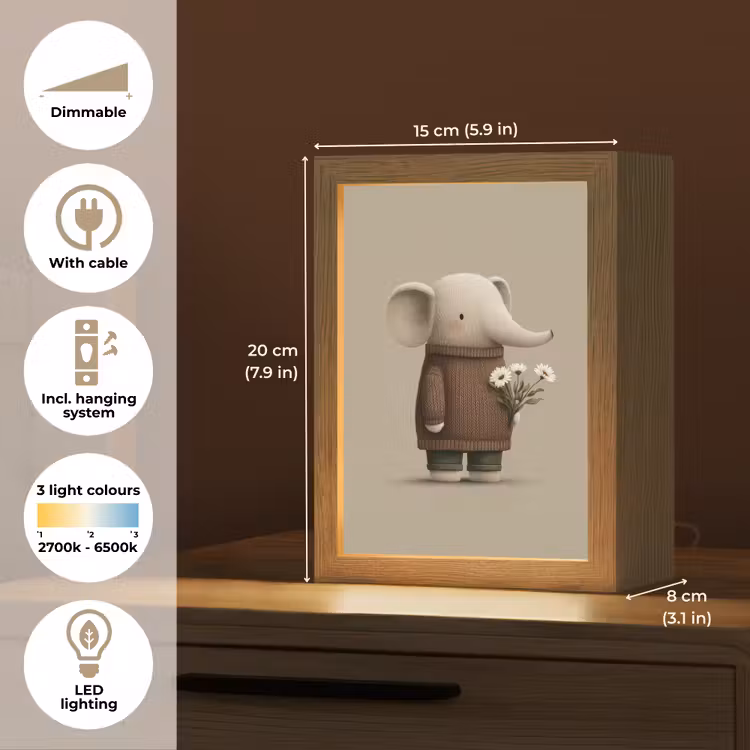 Olifant - Witte bloemen - Kindvriendelijk Light Box met kabel (Kinderlampje) klein -USP_EN