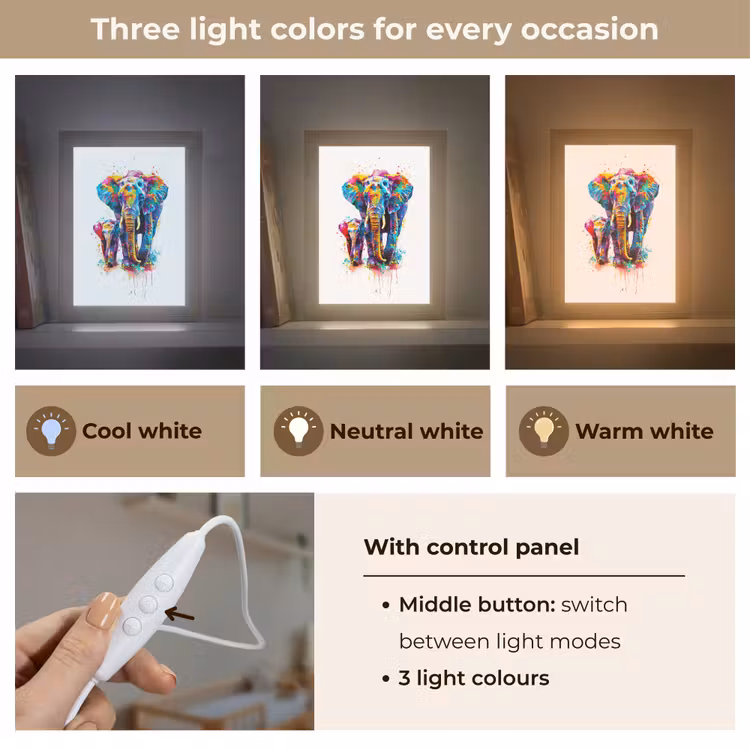 Olifanten - Dieren - Verf - Kleurrijk Light Box met kabel (Kinderlampje) klein -USP_lichtkleurEN