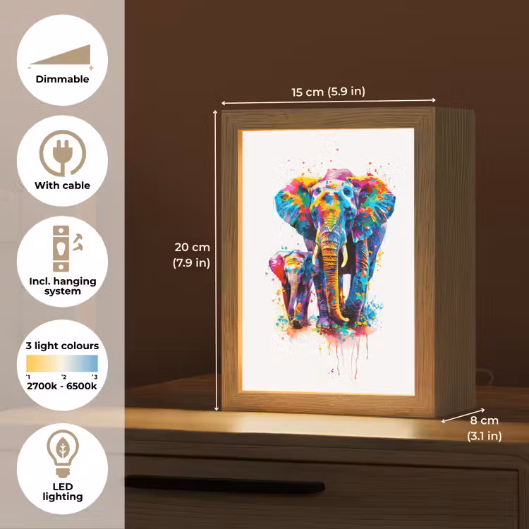 Olifanten - Dieren - Verf - Kleurrijk Light Box met kabel (Kinderlampje) klein -USP_EN