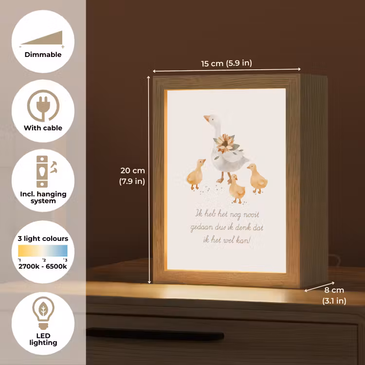 Boerderij dieren - Eend - Quote - 'Ik heb het nog nooit gedaan dus ik denk dat ik het wel kan!' Light Box met kabel (Kinderlampje) klein -USP_EN