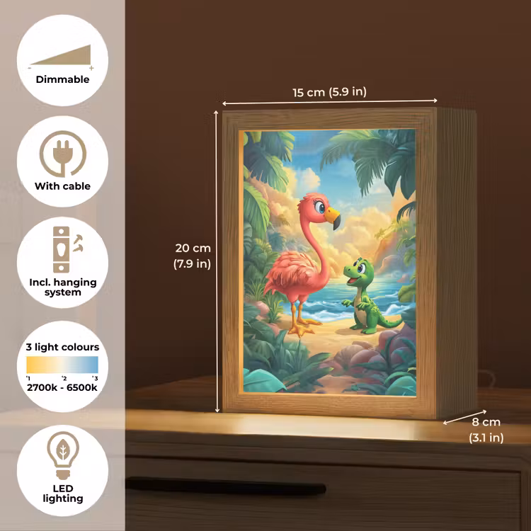 Flamingo - Dinosaurus - Strand - Kleurrijk Light Box met kabel (Kinderlampje) klein -USP_EN