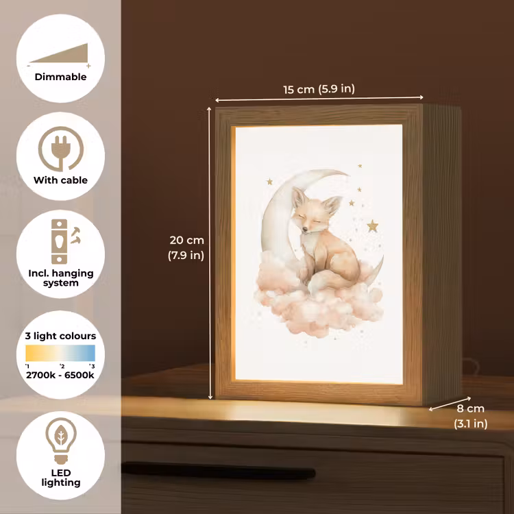 Vos - Wolken - Maan - Sterren Light Box met kabel (Kinderlampje) klein -USP_EN
