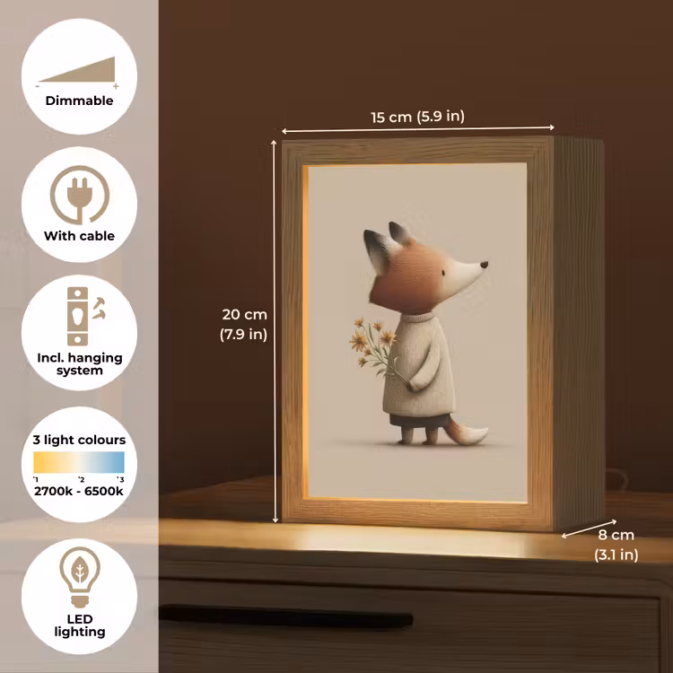 Vos - Gele bloemen - Minimalistisch Light Box met kabel (Kinderlampje) klein -USP_EN
