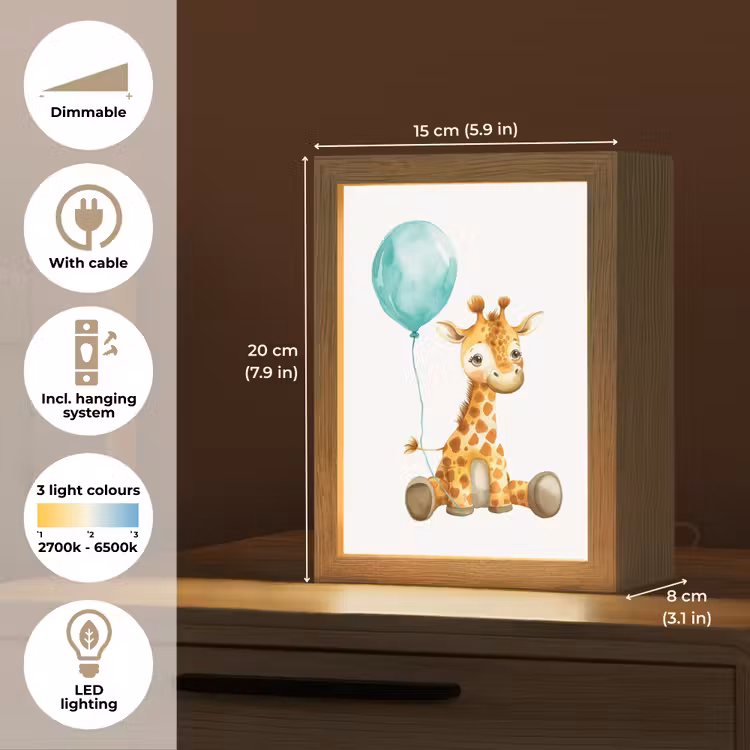 Giraf - Baby - Dieren - Blauwe ballon Light Box met kabel (Kinderlampje) klein -USP_EN