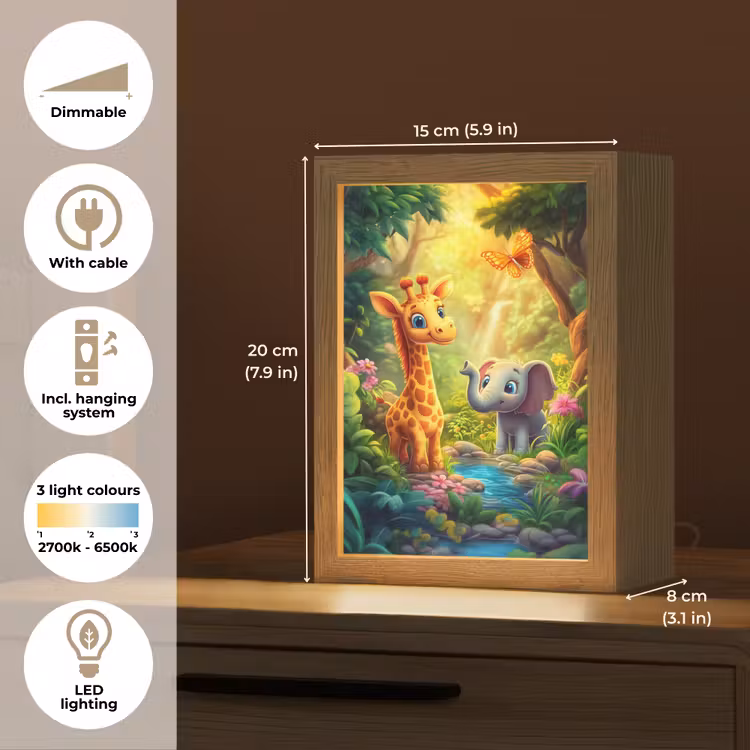 Giraf - Olifant - Bloemen - Jungle Light Box met kabel (Kinderlampje) klein -USP_EN