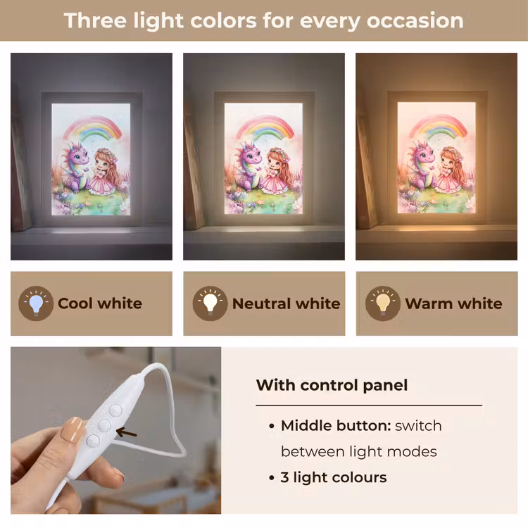 Meisje - Draak - Regenboog Light Box met kabel (Kinderlampje) klein -USP_lichtkleurEN