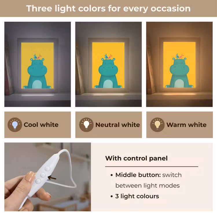 Nijlpaard - Vogels - Groen - Geel Light Box met kabel (Kinderlampje) klein -USP_lichtkleurEN