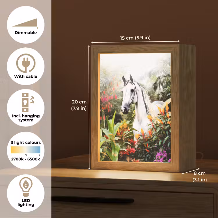 Paard - Wit - Bos - Bloemen - Planten Light Box met kabel (Kinderlampje) klein -USP_EN
