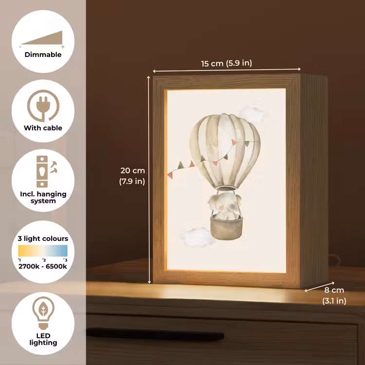 Luchtballon - Olifant - Watercolor - Beige - Dieren Light Box met kabel (Kinderlampje) klein -USP_EN