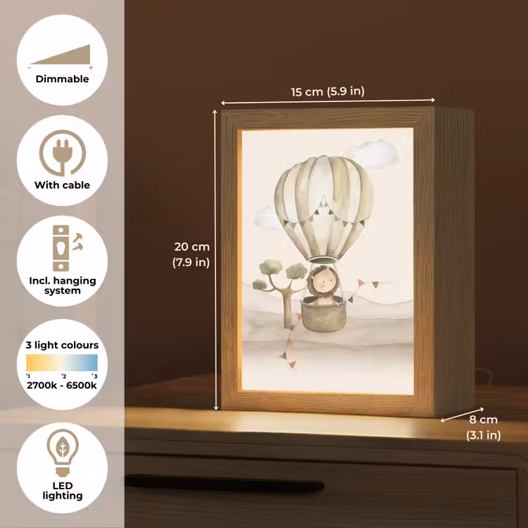 Luchtballon - Leeuw - Watercolor - Safari - Dieren Light Box met kabel (Kinderlampje) klein -USP_EN