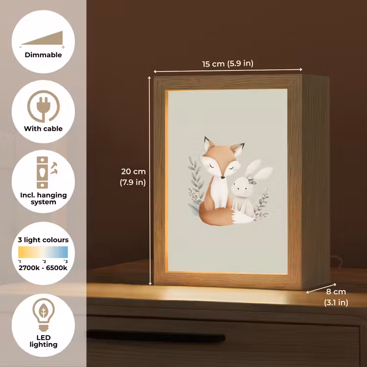 Illustratie - Vos - Konijn - Bladeren Light Box met kabel (Kinderlampje) klein -USP_EN