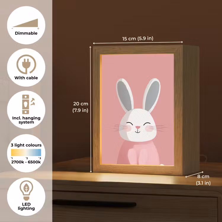 Illustratie - Konijn - Roze - Minimalistisch Light Box met kabel (Kinderlampje) klein -USP_EN