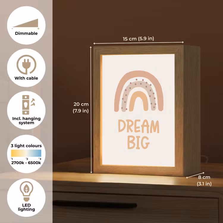 Kinderen - Regenboog - Pastel - Quote - Dream Big Light Box met kabel (Kinderlampje) klein -USP_EN