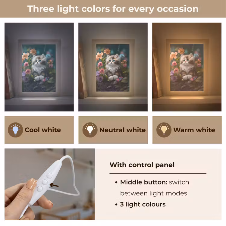 Kitten - Illustratie - Bloemen - Natuur - Kat Light Box met kabel (Kinderlampje) klein -USP_lichtkleurEN