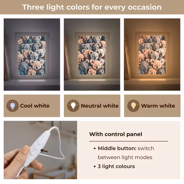 Koala - Dieren - Patronen - Grijs - Bruin - Kinderen Light Box met kabel (Kinderlampje) klein -USP_lichtkleurEN