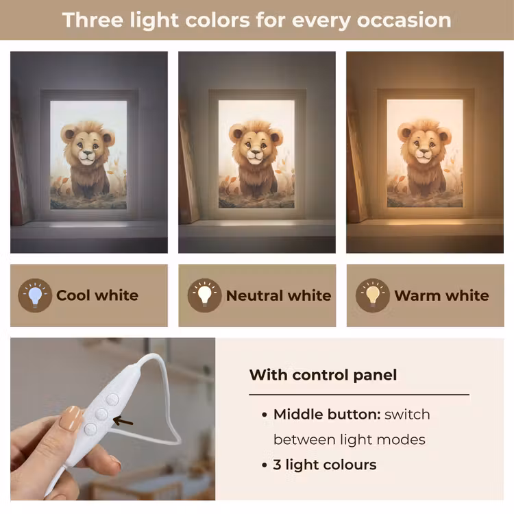 Leeuw - Dieren - Kinderen - Bruin - Meisje Light Box met kabel (Kinderlampje) klein -USP_lichtkleurEN