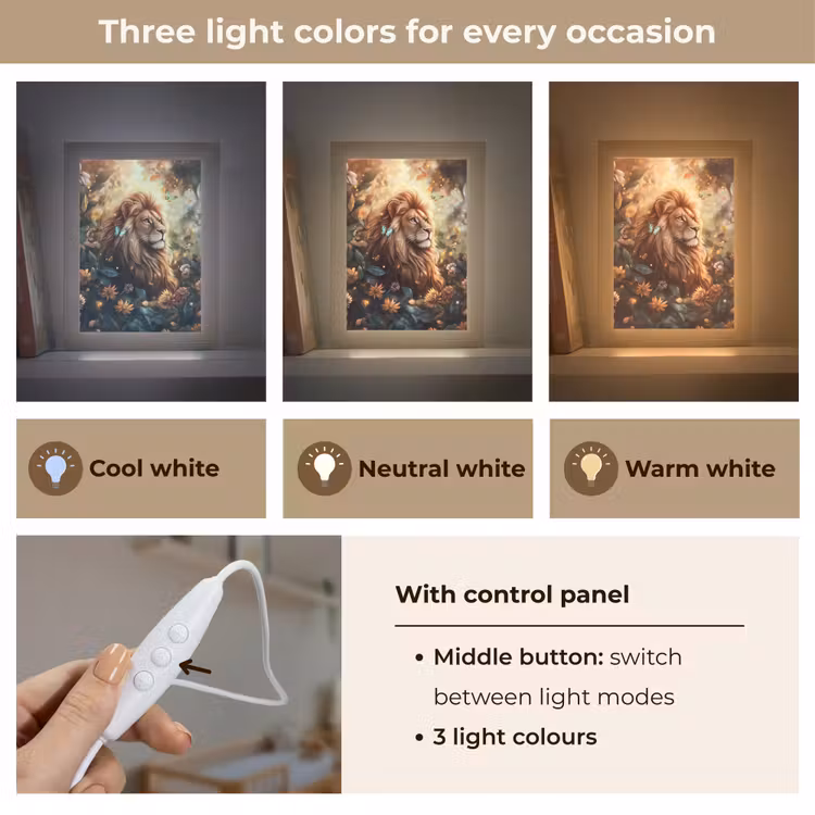 Leeuw - Dieren - Bloemen - Jungle Light Box met kabel (Kinderlampje) klein -USP_lichtkleurEN