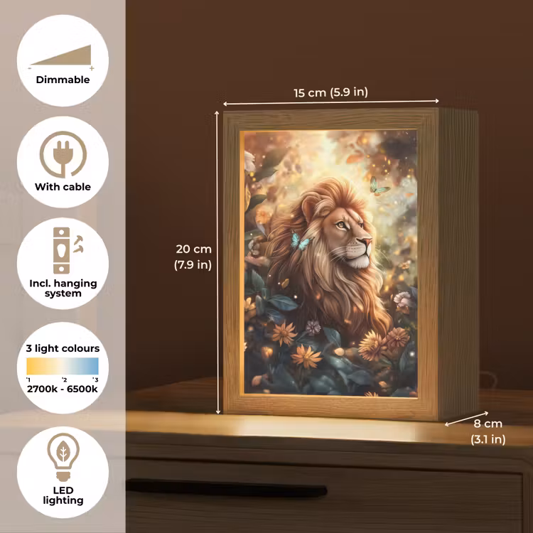 Leeuw - Dieren - Bloemen - Jungle Light Box met kabel (Kinderlampje) klein -USP_EN