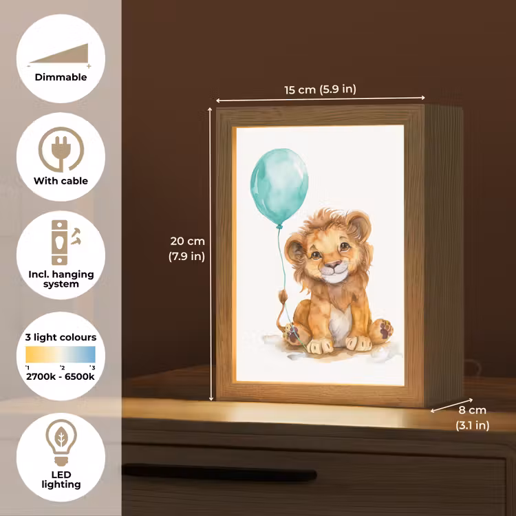 Leeuw - Baby dier - Blauwe ballon Light Box met kabel (Kinderlampje) klein -USP_EN