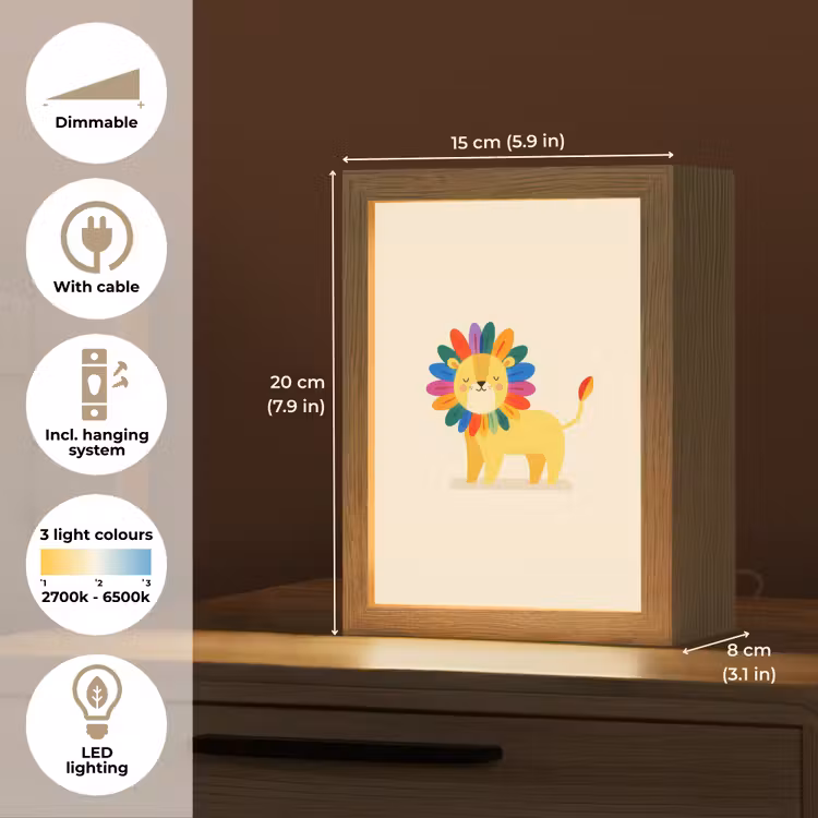 Leeuw - Kleurrijke manen - Beige Light Box met kabel (Kinderlampje) klein -USP_EN