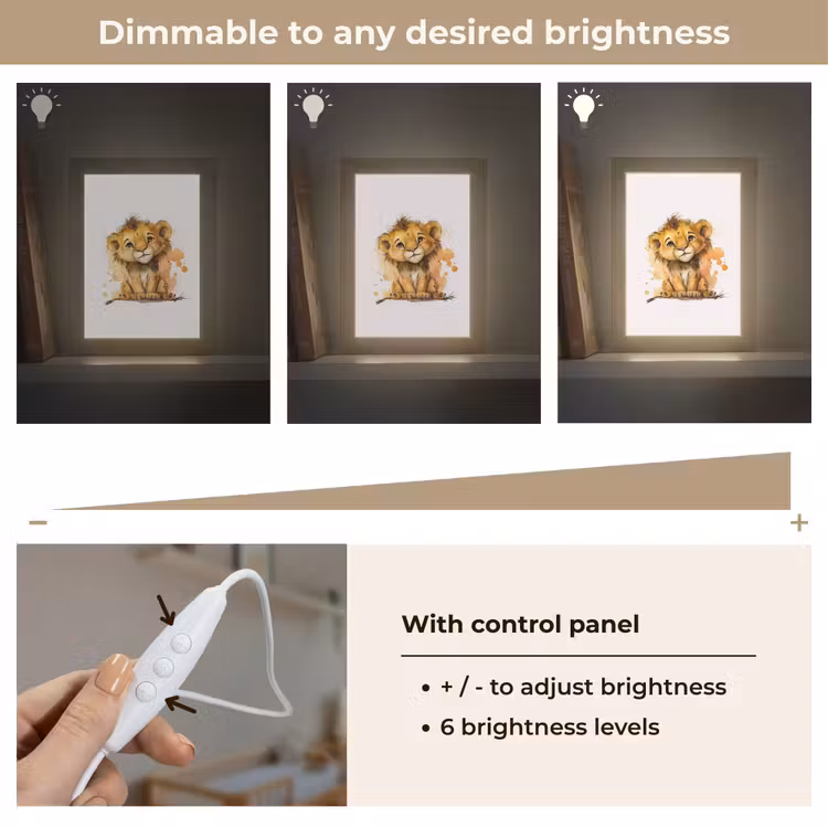 Leeuw - Waterverf - Bruin - Dieren - Meisjes - Jongens Light Box met kabel (Kinderlampje) klein -USP_dimbaarEN