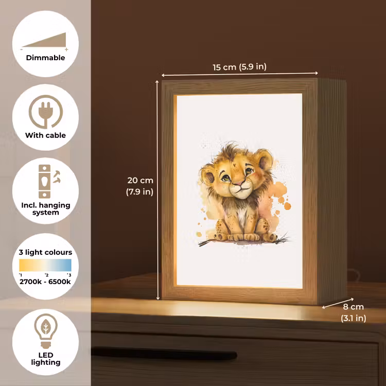 Leeuw - Waterverf - Bruin - Dieren - Meisjes - Jongens Light Box met kabel (Kinderlampje) klein -USP_EN