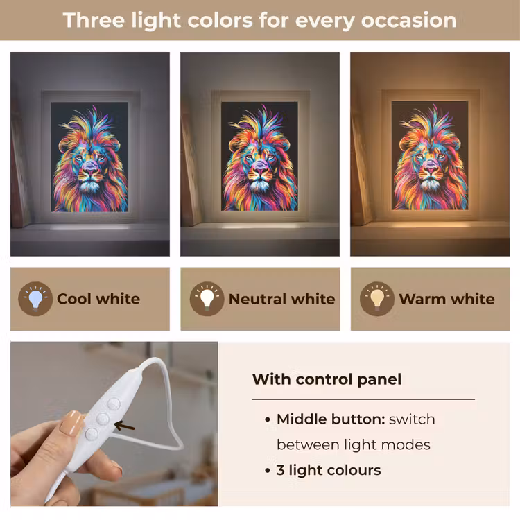 Leeuwen - Kleurrijk - Zwart - Dieren Light Box met kabel (Kinderlampje) klein -USP_lichtkleurEN