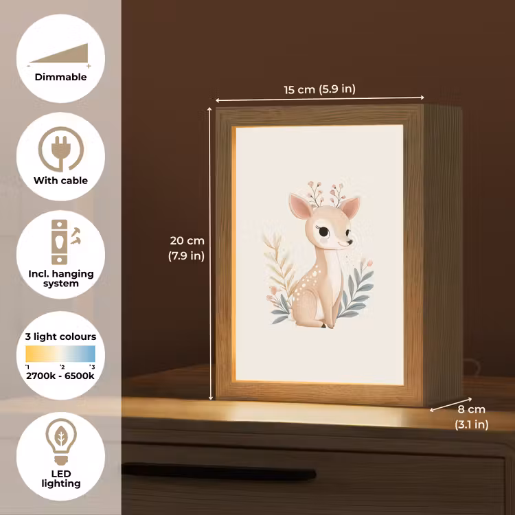 Hertje - Minimalistisch - Aquarel - Bladeren Light Box met kabel (Kinderlampje) klein -USP_EN
