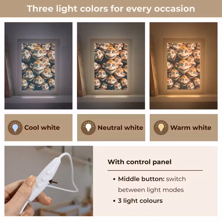 Aap - Dieren - Bruin - Design - Meiden - Jongens Light Box met kabel (Kinderlampje) klein -USP_lichtkleurEN