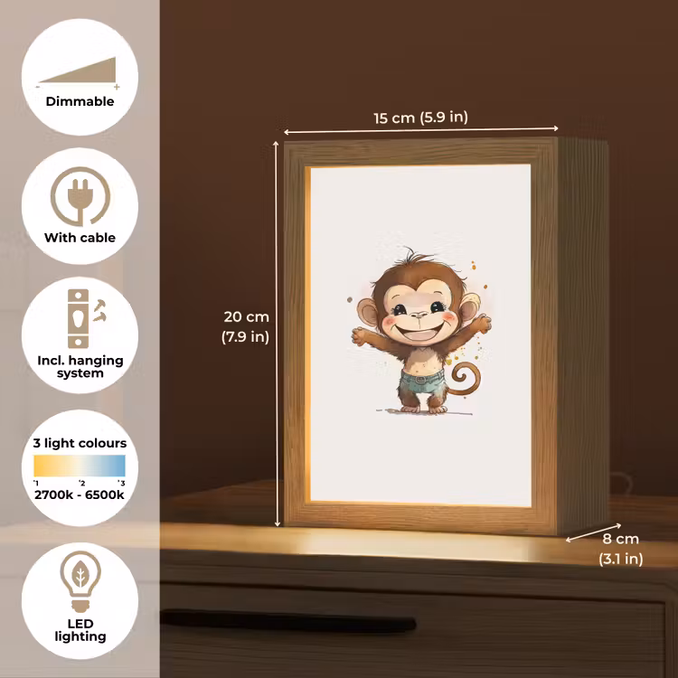Aap - Bruin - Waterverf - Dieren - Meiden - Jongens Light Box met kabel (Kinderlampje) klein -USP_EN