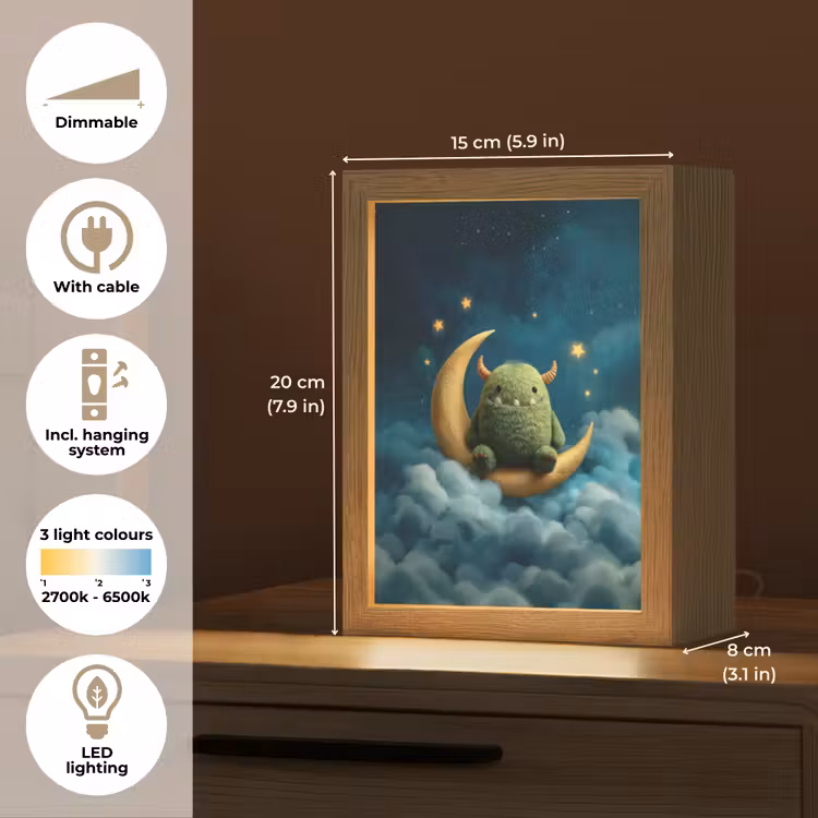 Monster - Groen - Maan - Wolken Light Box met kabel (Kinderlampje) klein -USP_EN
