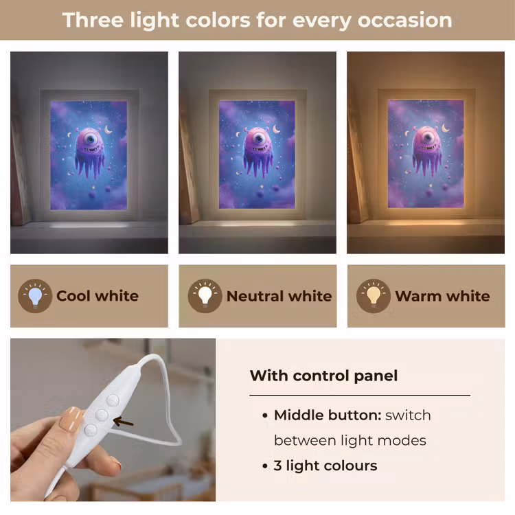 Monster - Ruimte - Sterren - Paars Light Box met kabel (Kinderlampje) klein -USP_lichtkleurEN