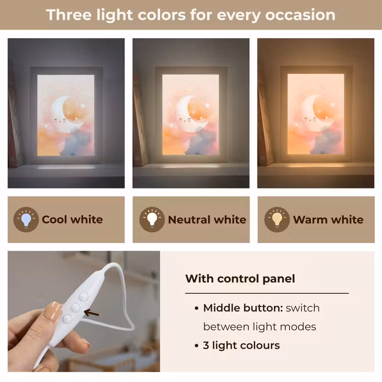 Maan - Gezichtje - Sterren - Roze Light Box met kabel (Kinderlampje) klein -USP_lichtkleurEN