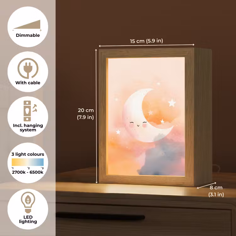 Maan - Gezichtje - Sterren - Roze Light Box met kabel (Kinderlampje) klein -USP_EN