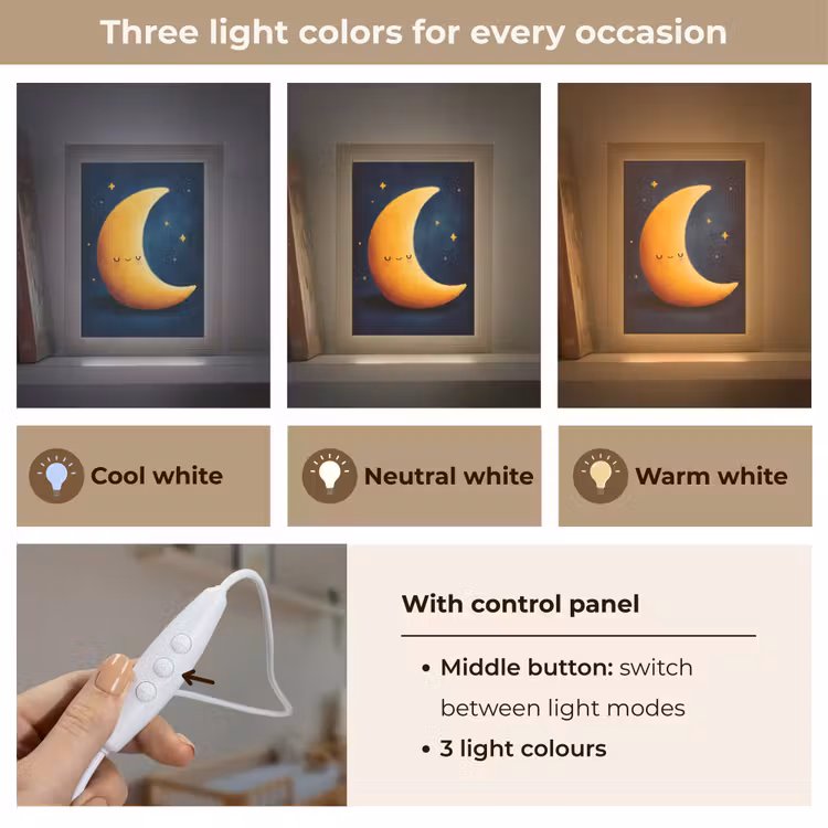Maan - Geel - Sterren - Gezichtje Light Box met kabel (Kinderlampje) klein -USP_lichtkleurEN
